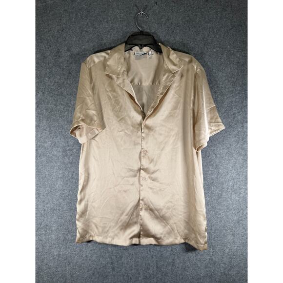 Asos Design Blouse Women Large Gold Short Sleeve Collar Satin Button Front Caree - Picture 1 of 7